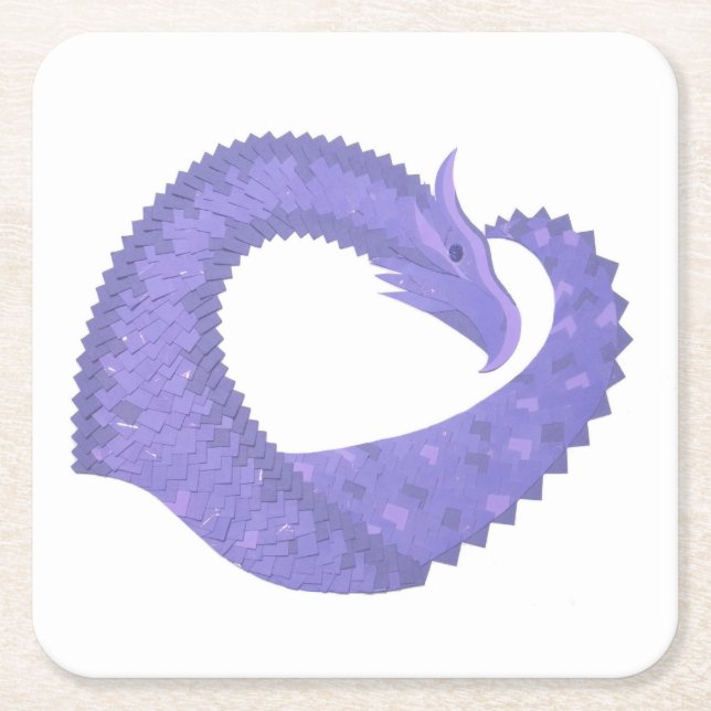 Periwinkle heart dragon on white square paper coaster (Front)
