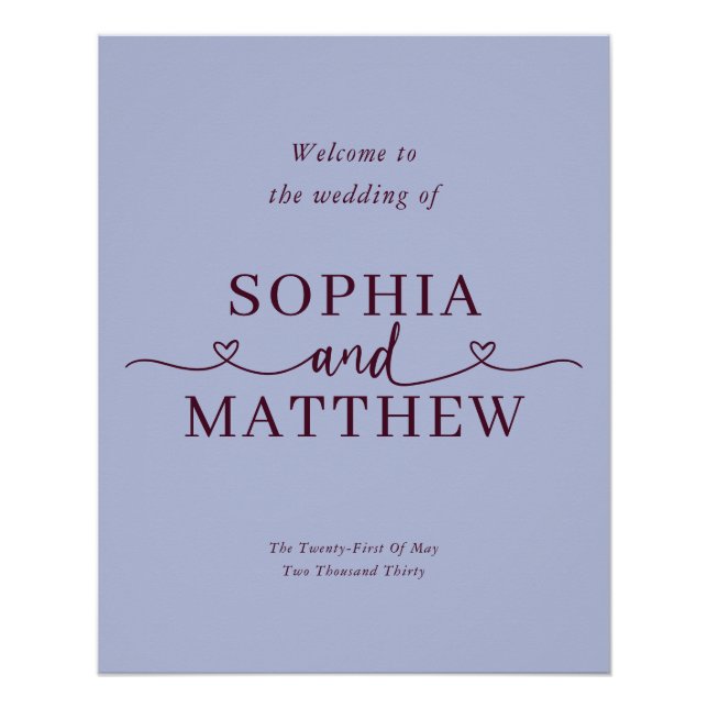 Periwinkle Heart Script Wedding Welcome Sign (Front)