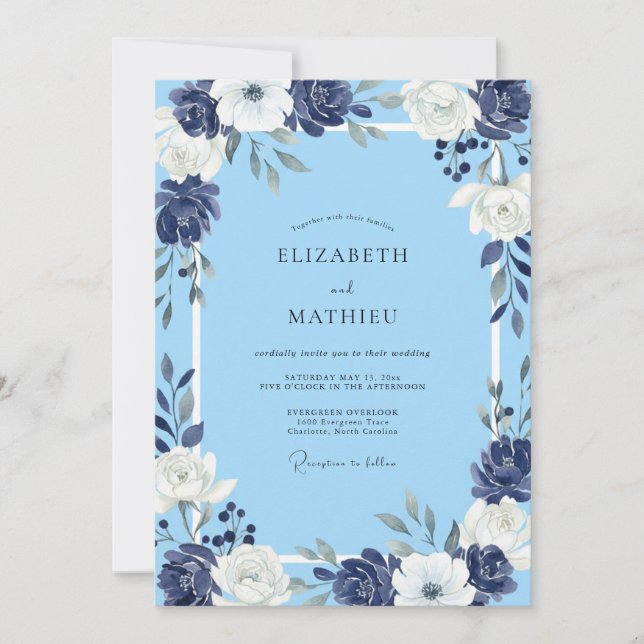 Periwinkle Indigo Petal Wedding Invitation (Front)