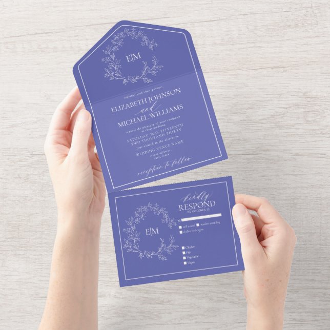 Periwinkle Leafy Crest Monogram Wedding All In One Invitation (Tearaway)