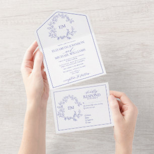 Periwinkle Leafy Crest Monogram Wedding All In One Invitation