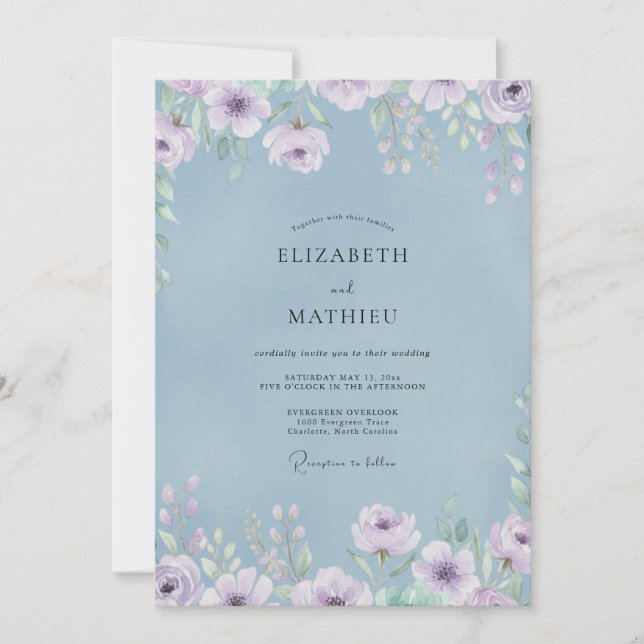 Periwinkle Lilac Peony Wedding Invitation (Front)