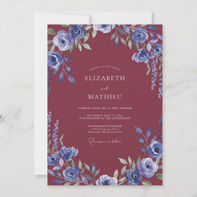 Periwinkle Maroon Blossom Wedding Invitation (Front)