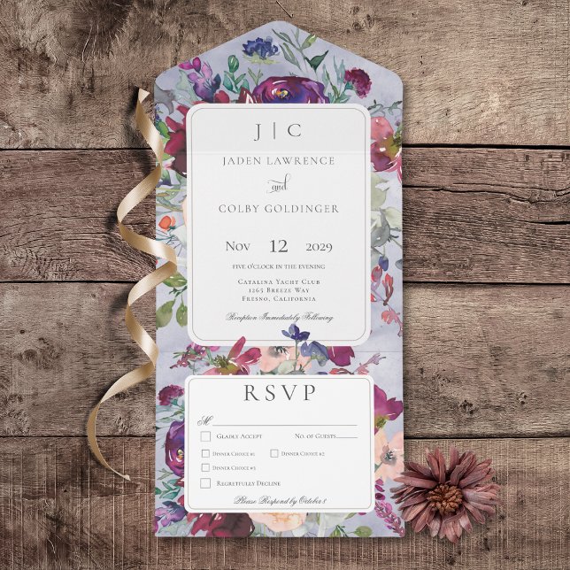 Periwinkle Maroon & Blush Rustic Floral Dinner All In One Invitation (Periwinkle Maroon & Blush Rustic Floral All In One Wedding Invitation with Dinner Options)