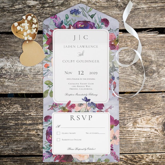 Periwinkle Maroon & Blush Rustic Floral No Dinner All In One Invitation (Creator Uploaded)