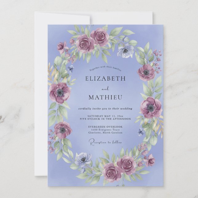 Periwinkle Mauve Wreath Wedding Invitation (Front)