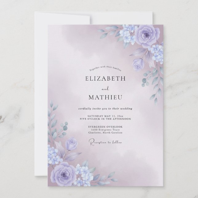Periwinkle Misted Botanical Wedding Invitation (Front)