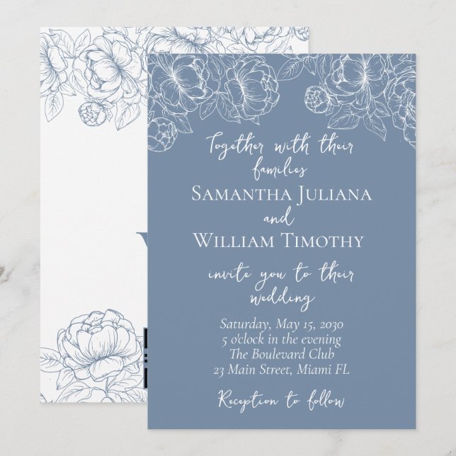Periwinkle Modern Boho Floral Minimalist Wedding Invitation (Front/Back)