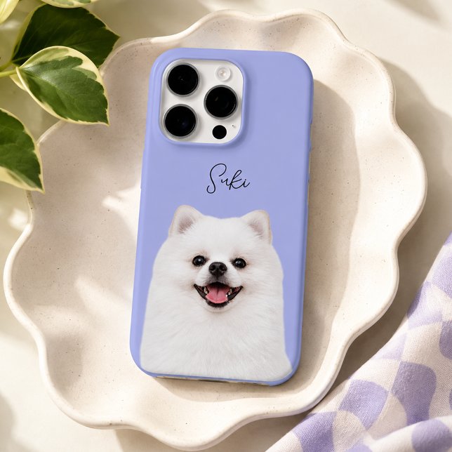 Periwinkle Modern Dog Photo and Script Pet Name iPhone Case (Creator Uploaded)