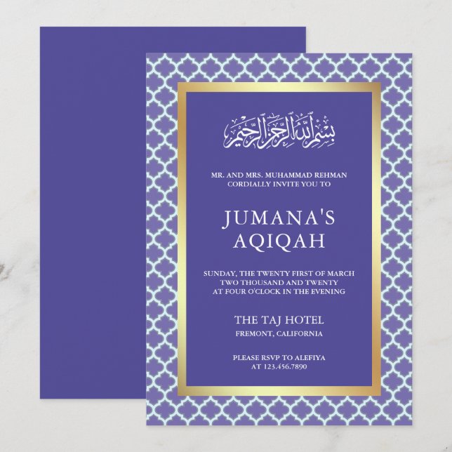 Periwinkle Moroccan Quatrefoil Pattern Aqiqah Invitation (Front/Back)