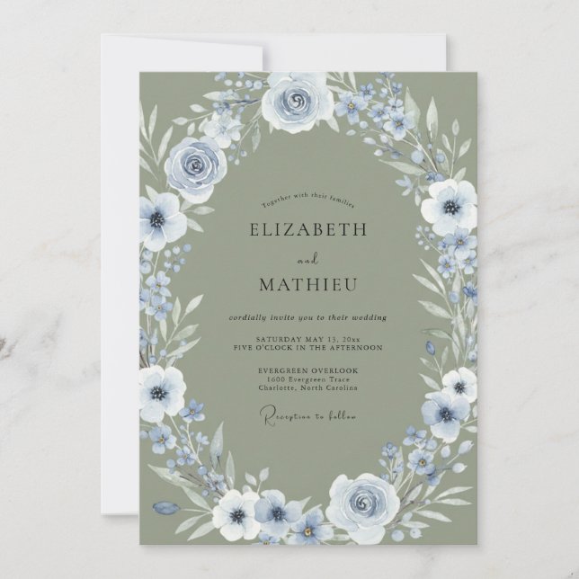 Periwinkle Moss Wreath Wedding Invitation (Front)