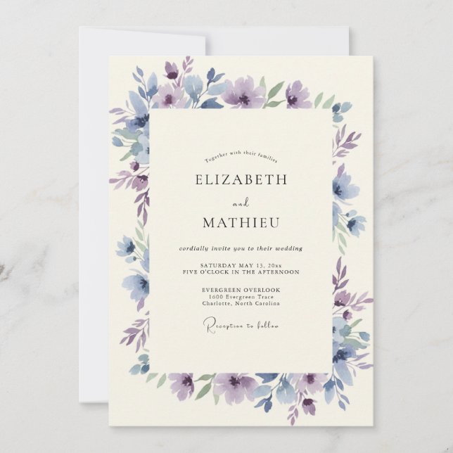 Periwinkle Muted Lilac Leafy Wedding Invitation (Front)