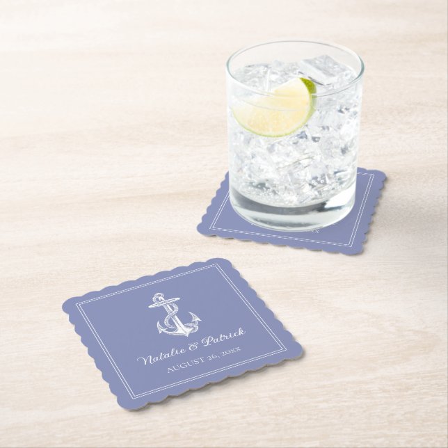 Periwinkle Nautical Anchor Wedding Paper Coasters (Insitu)