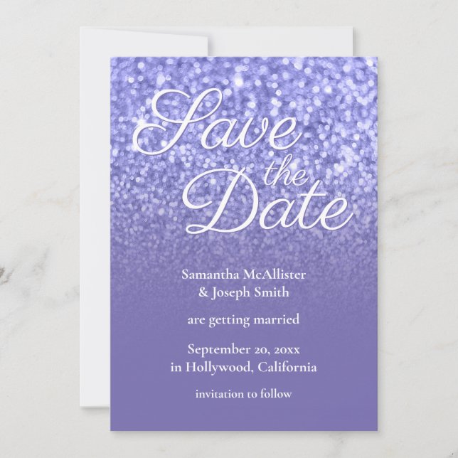 Periwinkle Ombre Glitter Save the Date Invitation (Front)