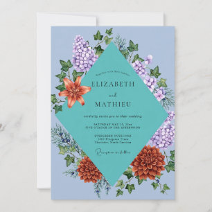 Periwinkle Orange Hydrangea Eucalyptus Wedding Invitation