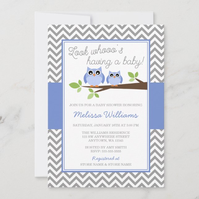 Periwinkle Owl Grey Chevron Girl Baby Shower Invitation (Front)