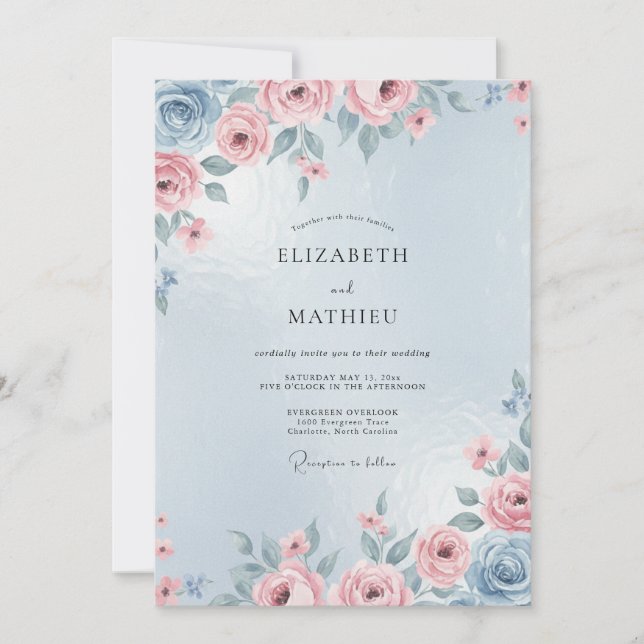 Periwinkle Pale Blush Peony Wedding Invitation (Front)