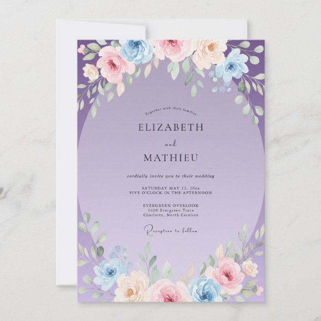 Periwinkle Pastel Wreath Wedding Invitation (Front)