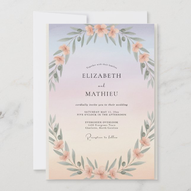Periwinkle Peach Foliage Eucalyptus Wedding Invitation (Front)