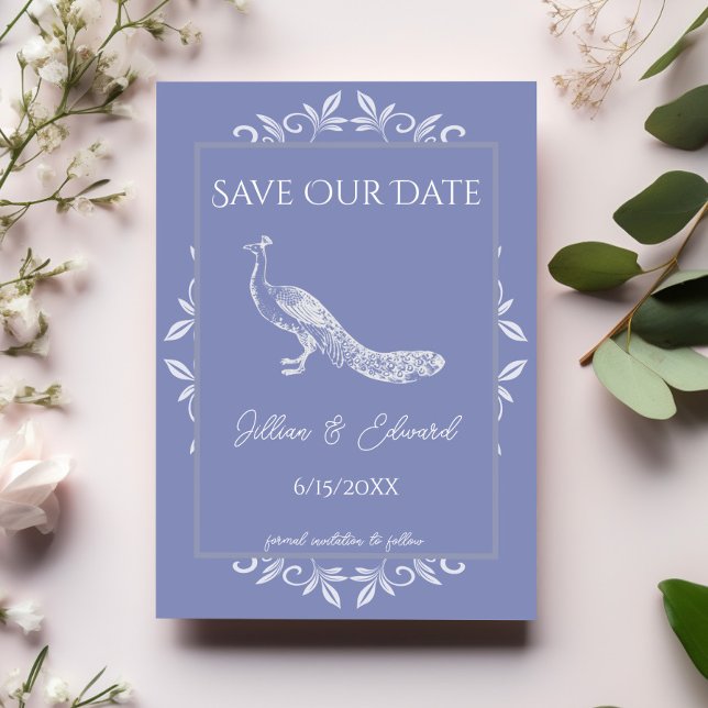 Periwinkle Peacock Flourish Save The Date Announcement (Periwinkle Peacock Flourish Save the Date)