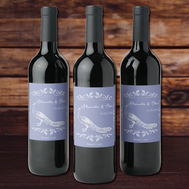 Periwinkle Peacock Flourish Wedding Wine Label (Periwinkle Peacock Flourish Wedding Wine Label)