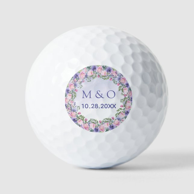 Periwinkle Pink Watercolor Floral Wedding Favour Golf Balls (Front)