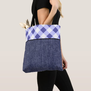 Periwinkle plaid and denim tote bag
