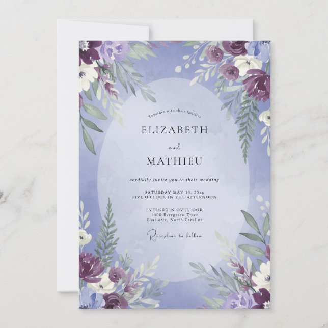 Periwinkle Plum Leafy Wedding Invitation (Front)