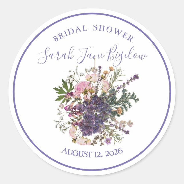 Periwinkle Pressed Wildflower Boho Bridal Shower Classic Round Sticker (Front)
