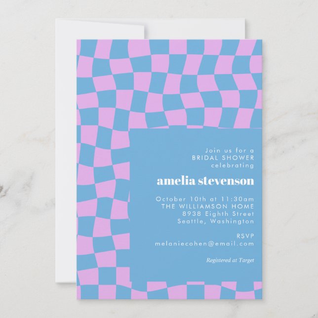 Periwinkle Purple Blue Chequerboard Bridal Shower Invitation (Front)