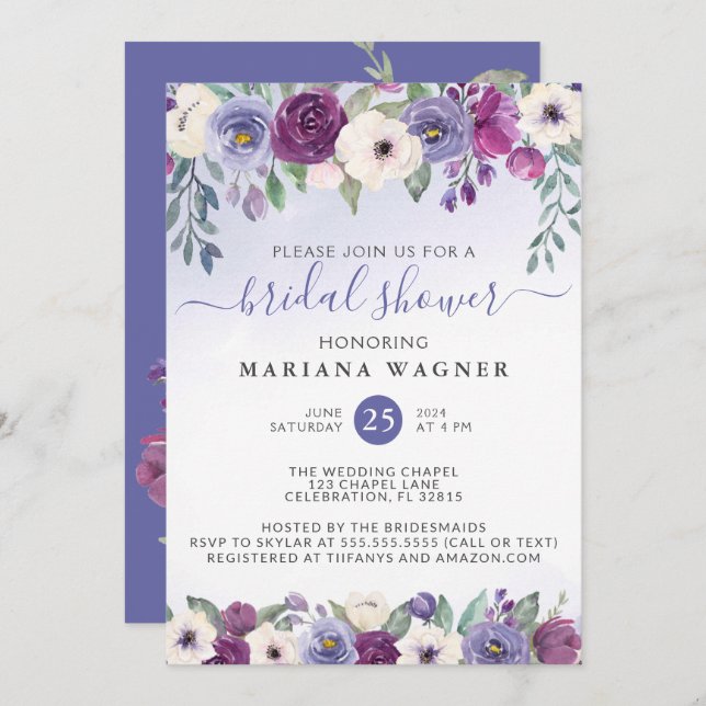 Periwinkle Purple Fuchsia Floral Bridal Shower Inv Invitation (Front/Back)