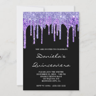 Periwinkle Purple Glitter Drips Black Quinceañera Invitation