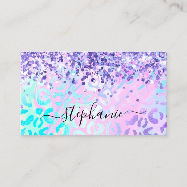 Periwinkle Purple Glitter Iridescent Leopard Business Card (Front)