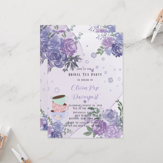 Periwinkle Purple Peony Alcohol Bridal Tea Party Invitation (Front/Back In Situ)