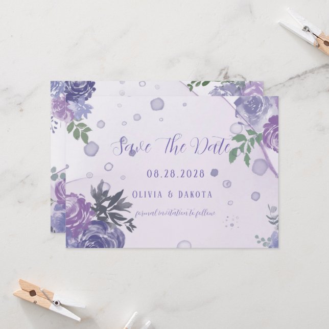 Periwinkle Purple Peony Ink Save The Date Cards (Front/Back In Situ)