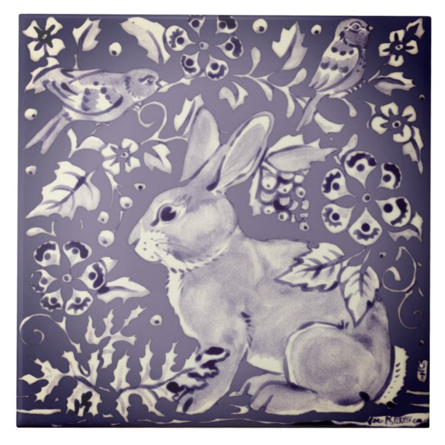 Periwinkle Purple Rabbit Bird Flower Leaves Nature Ceramic Tile (Front)