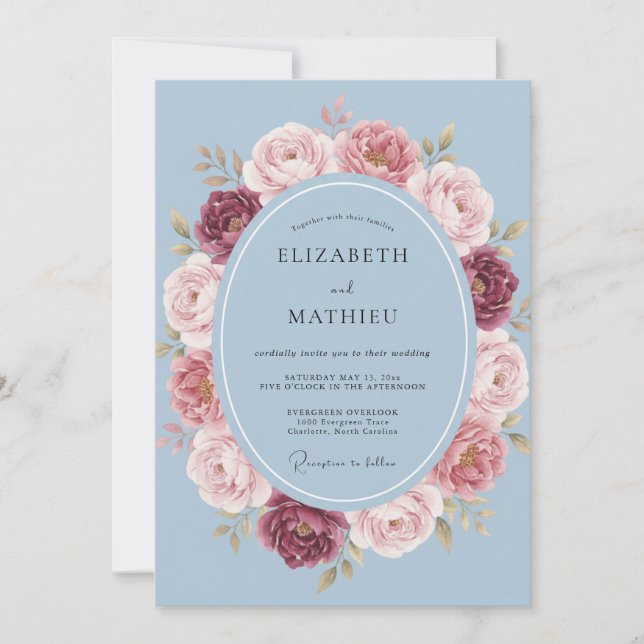 Periwinkle Rose Wreath Wedding Invitation (Front)