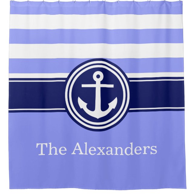 Periwinkle Rugby Stripe Anchor CB Monogram Navy Shower Curtain (Front)