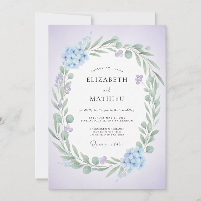 Periwinkle Sage Leafy Wedding Invitation (Front)