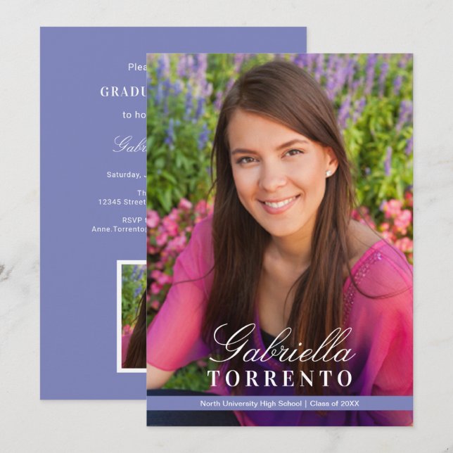 Periwinkle Script Name Photo Graduation Party Invitation (Front/Back)