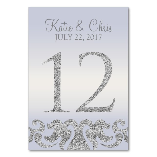 Periwinkle Silver Glitter Look Table Numbers-12 Number (Front)