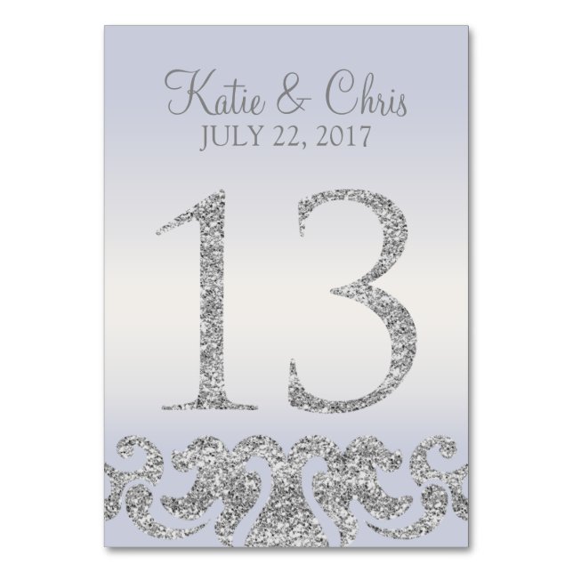 Periwinkle Silver Glitter Look Table Numbers-13 Number (Front)