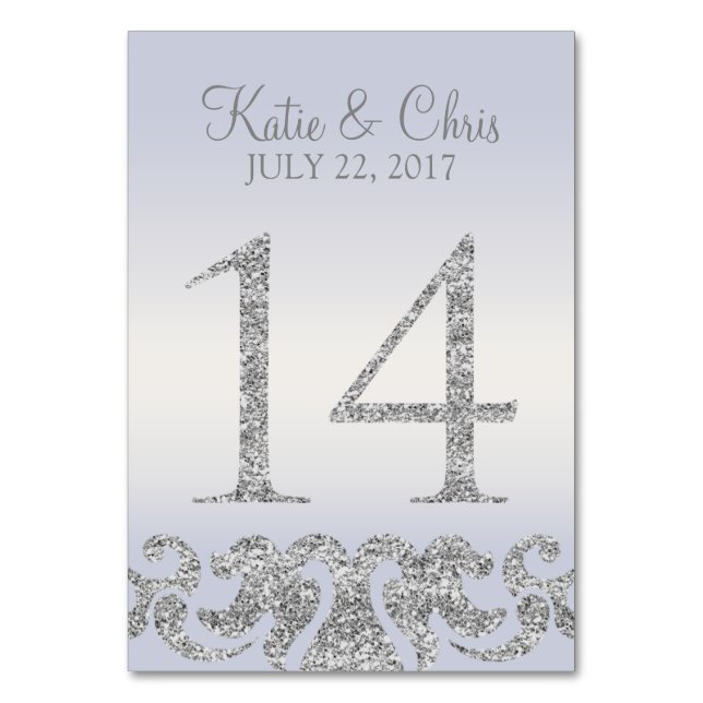 Periwinkle Silver Glitter Look Table Numbers-14 Number (Front)