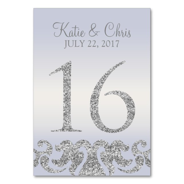 Periwinkle Silver Glitter Look Table Numbers-16 Number (Front)