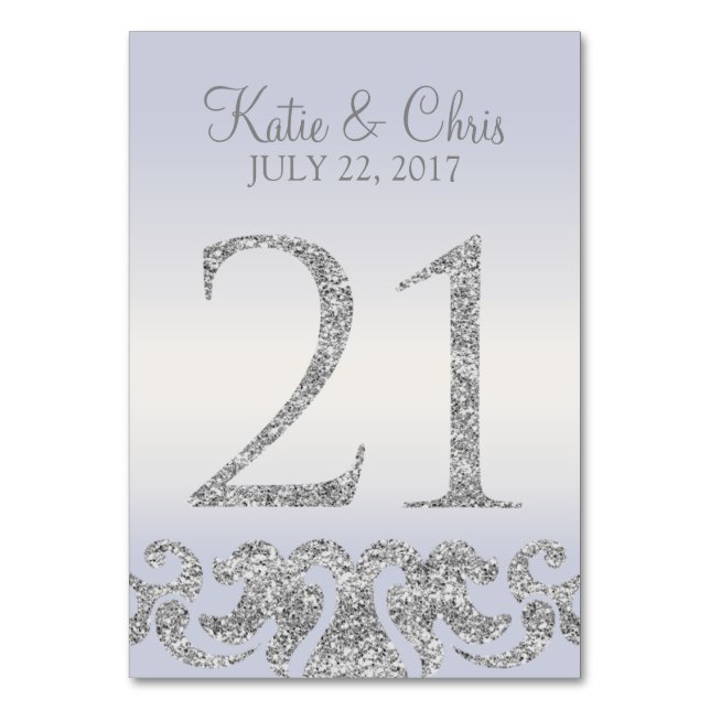 Periwinkle Silver Glitter Look Table Numbers-21 Table Number (Front)
