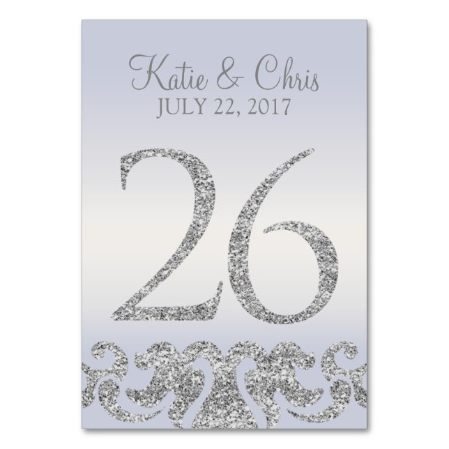 Periwinkle Silver Glitter Look Table Numbers-26 Number (Front)