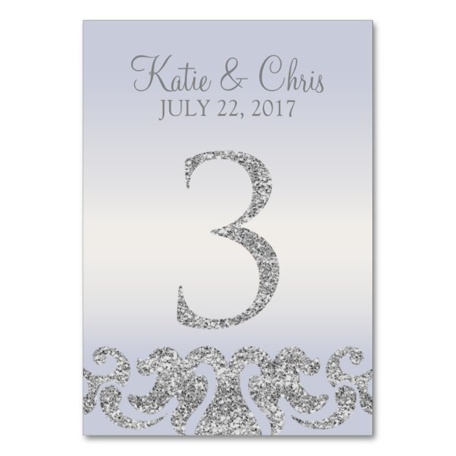 Periwinkle Silver Glitter Look Table Numbers-3 Number (Front)