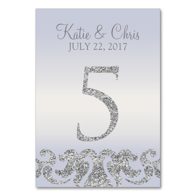 Periwinkle Silver Glitter Look Table Numbers-5 Table Number (Front)