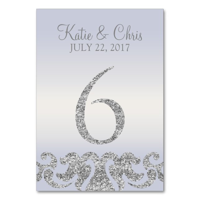 Periwinkle Silver Glitter Look Table Numbers-6 Number (Front)