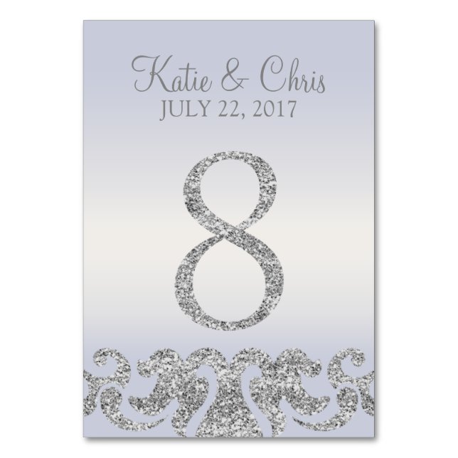 Periwinkle Silver Glitter Look Table Numbers-8 Table Number (Front)